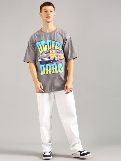 Dark Grey Oversized Printed Raglan T-shirt
